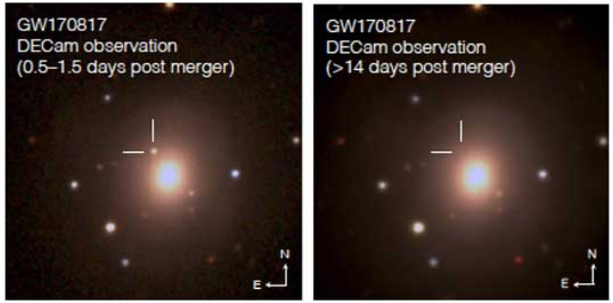 Dos imágenes ópticas de la Cámara de Energía Oscura muestran la kilonova transitoria resultante cerca de la galaxia NGC 4993 en la primera detección y su ausencia después de un rápido desvanecimiento (ubicación marcada con líneas). Imagen cortesía de Fermilab