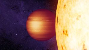 Leyenda: Bosquejo de artista muestra el exoplaneta gaseoso CoRoT-2b con un punto caliente hacia el oeste en órbita alrededor de su estrella. Créditos: NASA / JPL-Caltech / T. Pyle (IPAC)