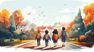 Ilustración conceptual de cuatro niños caminando a la escuela. Crédito de la imagen: Nicole Smith, creada con Midjourney.