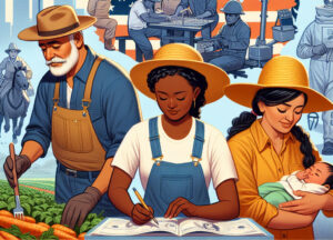 Ilustración de un grupo diverso de inmigrantes trabajando en diversas industrias, como agricultura, construcción y cuidado infantil en los Estados Unidos. Concepto de imagen por Juan Ochoa y creada con DALL-E.