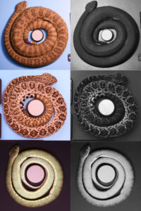 Fotos en visible (color) y UV (escala de grises) de víbora foseta que exhibe una amplia gama de reflectancia UV. Una serpiente de cascabel diamante del oeste. El círculo blanco en cada foto es un estándar de color usado para medir la reflectancia de color UV y visible en cada foto; en las fotos UV, cuanto más oscura aparece la serpiente, menos color UV tiene. Crédito de imágenes: Hayley Crowell, John David Curlis, Hannah Weller, Alison Davis Rabowsky/Universidad de Michigan