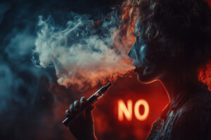 Imagen de una persona vapeando con un letrero de neón rojo en el fondo que dice “no”.