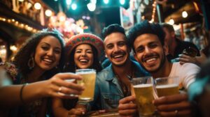 Grupo de amigos divirtiéndose y socializando mientras toman unas copas en un bar. Crédito de la imagen: Adobe Stock
