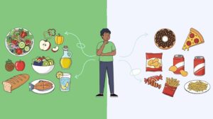 Un hombre está de pie entre opciones de alimentos saludables a la izquierda y opciones de comida chatarra a la derecha. Crédito de imagen: Adobe Stock