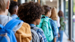 Rear view close-up of elementary school children of different nationalities in a school corridor, multicultural school environment concept, diverse classroom photography. By Nataliya / Adobe Stock