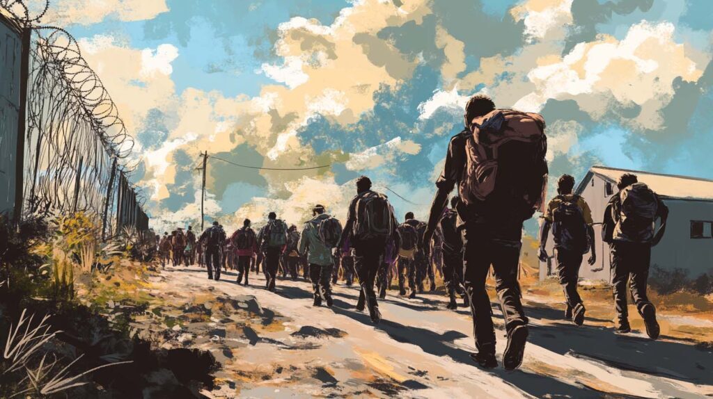 Ilustración conceptual de migrantes caminando por la frontera. Crédito de la imagen: Nicole Smith, realizada con Midjourney.